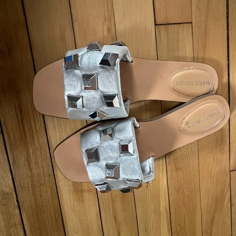 Marc Fisher Bamer silver studded Woman's Sandals bling slip‎ on unique slides